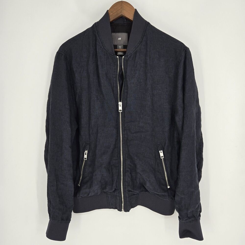 Mens H&M Gray Linen Bomber Jacket Medium Breathable Full Zip